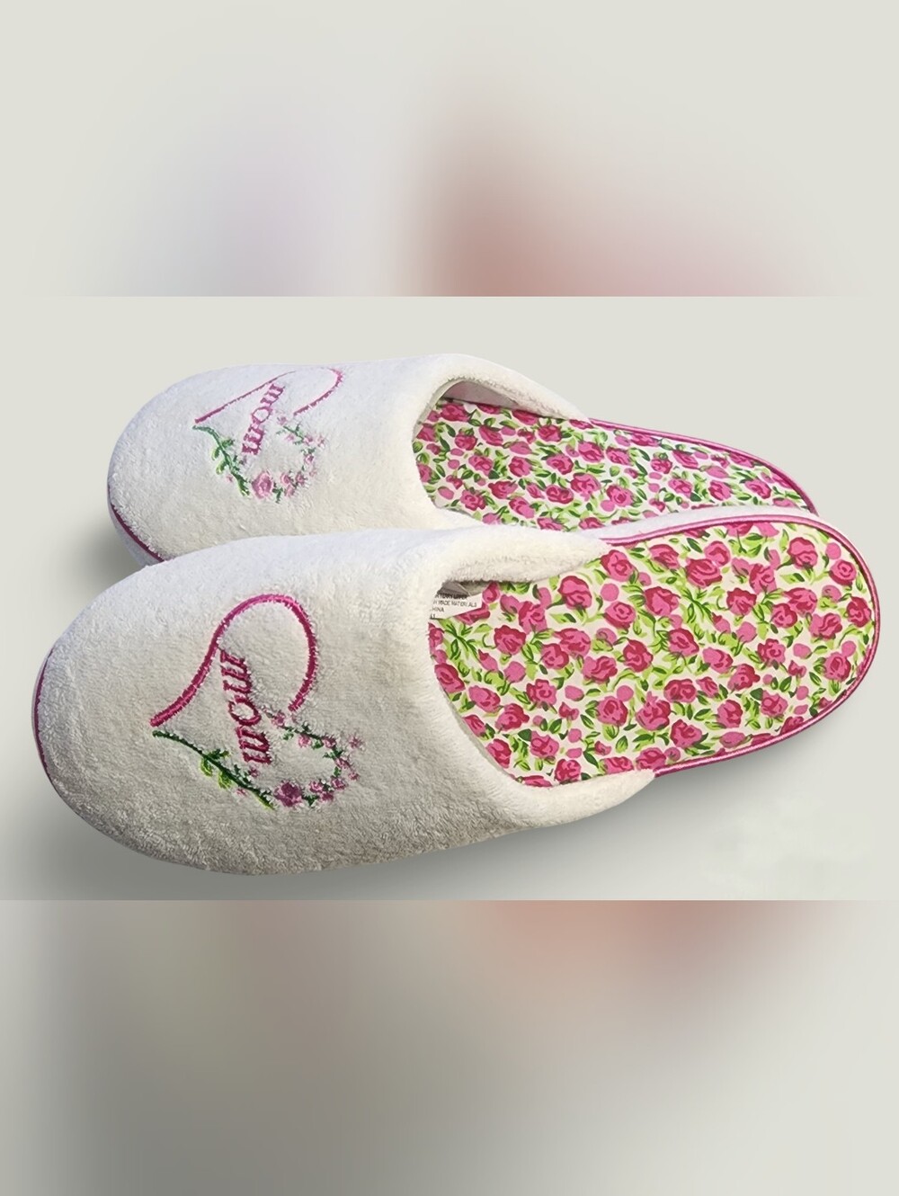 Avon Vintage "Mom" White Floral Heart Embroidered Women’s Slippers